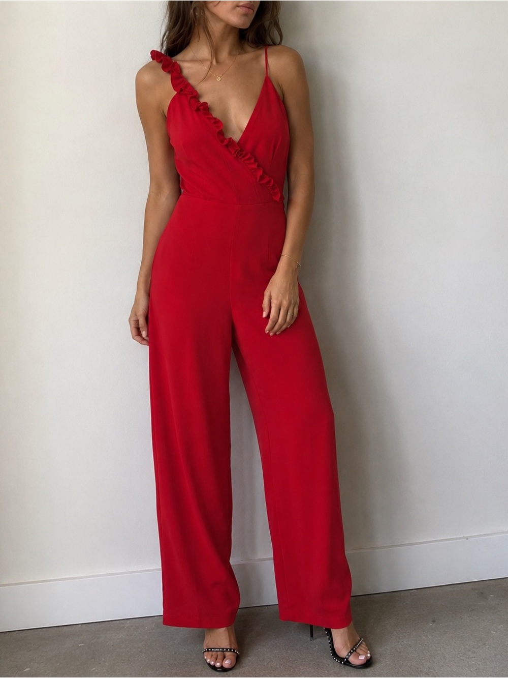 Keepsake The Label Cherry Red Forget You Ruffle Wide Leg Jumpsuit XS Party
